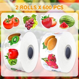 1200Pcs Fruit Vegetable Stickers, 16 Styles Cute Food Stickers for Kids, Colorful and Waterproof, Classroom Rewards, Scrapbooking, Crafts Sticker Roll(2 Rolls)