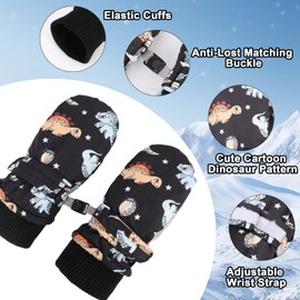 QKURT Kids Ski Mittens, Waterproof Winter Warm Snow Gloves, Cute Cartoon Dinosaur Gloves, Thick Fleece Lining Thermal Mittens Snowboard Skating Mittens with Anti-Slip Palm for Boys Girls Aged 2-8