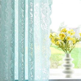 ALIGOGO Mint Green Curtains 84 Inches Long 2 Panels, Vintage Ocean Coastal Lace Sheer Floral Curtains for Living Room Summer Beach Themed Seafoam Aqua Curtains Rod Pocket, 52 x 84 Inch, Aqua/Mint