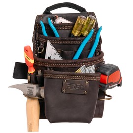 FESA Leather Carpenter Tool Pouch - 10-Pocket Heavy Top Grain Leather Carpenter Pouch with 2 Hammer Loops, Tape Clip, Large & Small Pockets - Fits Work Belts up to 3" - Handcrafted (Brown)