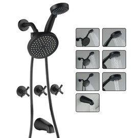 LIWEIKE 3 Handle Tub Shower Faucet, Matte Black Three Handles and Tub Spout Faucet Set Black Shower Faucet 3 Knob Brass Rough-in Valve