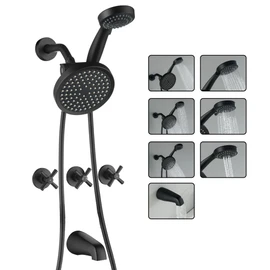 LIWEIKE 3 Handle Tub Shower Faucet, Matte Black Three Handles and Tub Spout Faucet Set Black Shower Faucet 3 Knob Brass Rough-in Valve