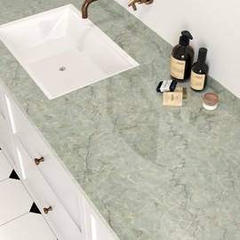 Wallderful Green Marble Contact Paper for Countertops Waterproof Green Gold Marble Wallpaper Peel and Stick Glossy Granite Contact Paper for Bathroom Kitchen Backsplash Cabinets Table Cyan Vinyl Decor