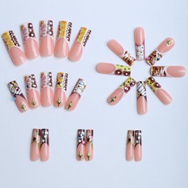 24 Pcs Press on Nails Long Square YEFIUO Green Nail Tips Acrylic Nail Kit French Fake Nails Press ons Stick on Nails Full Cover Reusable Artificial False Nails Fall Flower Dots Glue on Nails for Women