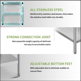 HXCFYP NSF Stainless Steel Table for Prep & Work with Caster 24x18 Inches, Metal Commercial Kitchen Table with Under Shelf and AdjustableTable Foot for Restaurant, Home and Hotel