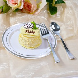 ROCOHANTI 100 PCS Silver Plastic Plates, Silver Plastic Disposable Plates Include 50 Dinner Plate and 50 Dessert Plate Perfect for Holiday, Birthday, Wedding & Party