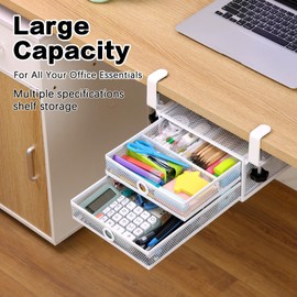 Euyona 2-Tier Clamp-On Mesh Organizer, Under Desk Storage with Slide-Out Tray, No Drilling Tool-Free Installation, Durable Rust-Resistant Metal, Large-Capacity Organizer.