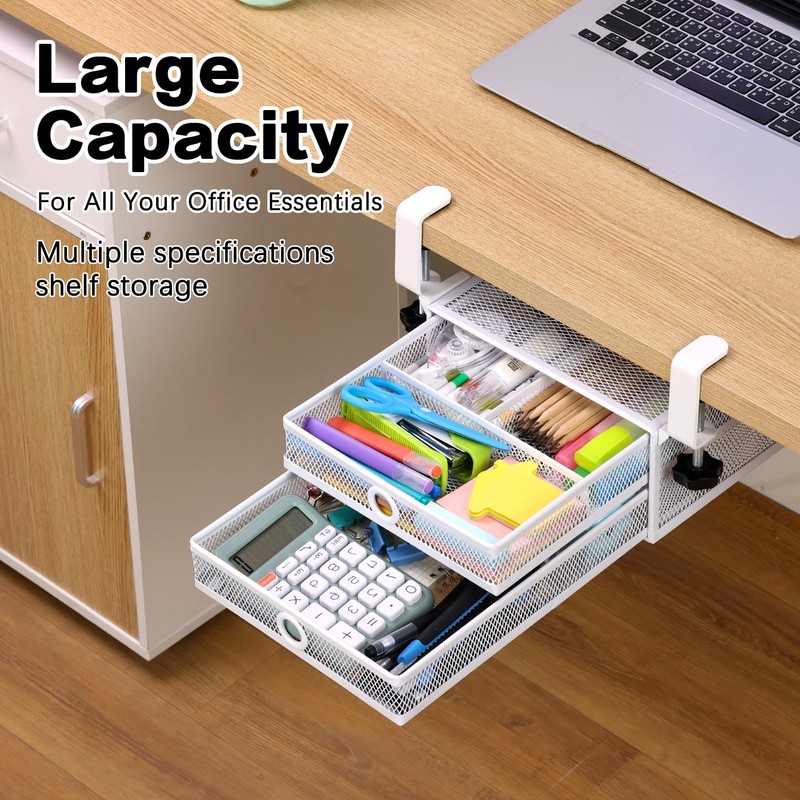 Euyona 2-Tier Clamp-On Mesh Organizer, Under Desk Storage with Slide-Out
