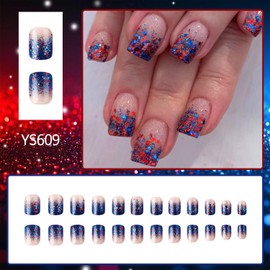 Tyuimhx 4th of July Press on Nails Short Square Fake Nail USA Independence Day False Nails with Red Blue Sequins Designs French Tip Glue on Nail Acrylic Patriotic Artificial Nail for Women 24 Pcs