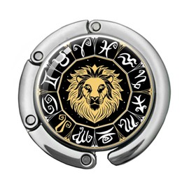 KANGYUSO Leo Foldable Purse Hook Gifts, Black Gold Zodiac Sign Handbag Hanger, Women's Bag Hanger Holder, Round Purse Table Hook, Funny Leo Birthday Gifts for Women Friend Horoscope Astrology Lovers