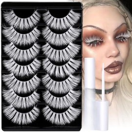 Natural Wispy Fluffy Lashes with Glue Cat Eyes Mink Lashes Clear Band Eyelashes with Glue Kit Russian Strip Lashes Natural Look False Eyelashes Extension Strip Lashes D Curly 7 Pairs Pack - Specification: Z-16MM