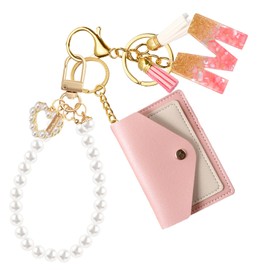 SMUOBT Pink Keychain Wristlet Initial Letter Keychain for Women Keychain Wallet Pearl Keychain Car Key Chain, M, Pink, Medium