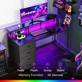 Huuger Computer Desk with Power Outlets and LED Lights, Gaming Desk with 4 Drawers, Office Desk with Monitor Stand, Study Desk Work Desk for Home Office, Small Spaces - Color: 55 Inch Gray