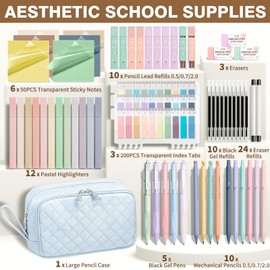 62PCS Aesthetic School Supplies with Cute Pencil Case, Pastel Highlighters Black Ink Gel Pens Mechanical Pencils Kit, Back to School Supplies College Essentials Preppy Stationary Set for Student Girls