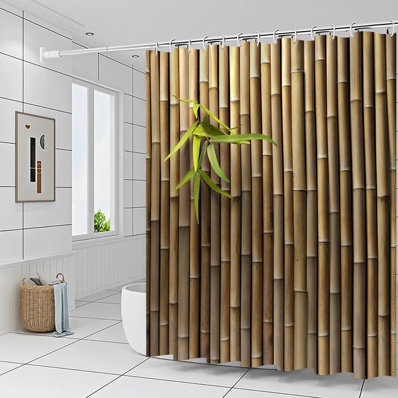 Bamboo Patttern Shower Curtains Set Green Leaves Bamboo Wall Creative