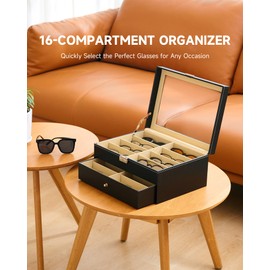 CO-Z 16 Compartment Sunglasses Organizer, Leather Eyeglasses Storage Box for Women Men, Lockable Eyewear Display Case with Drawer, Glasses Holder with 16 Slots for Watches Jewelry Collection, Black