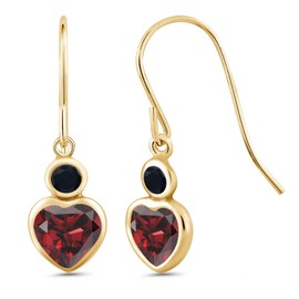 Gem Stone King 14K Yellow Gold Red Garnet and Black Onyx Drop French Wire Earrings For Women (1.40 Cttw, Gemstone January Birthstone, Heart Shape 5MM, Round 3MM)