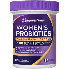 Doctor's Recipes Probiotics for Women, 100 Billion CFU, 18 Probiotic Strains, Prebiotics, Cranberry, P-5-P & VC, Vaginal, Digestive, Mood, Urinary Tract Health, Shelf-Stable, 30 Vegan Caps