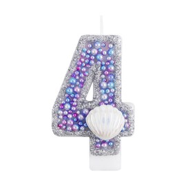 Girls Glitter 4 Birthday Number Candle, Pink Shell Sequins Blue Purple Pearls Number Birthday Candles for Boys Girls Birthday Cakes Mermaid Themed Birthday Decorations Party Supplies Number 4 Candle