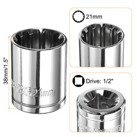 HARFINGTON 2pcs 12 Point Socket 1/2" Drive by 21mm Metric Shallow Socket Chrome Vanadium Steel 12-Point Standard Sockets Mechanic Hand Tool for Car Repair Mechanical Maintenance Home Use