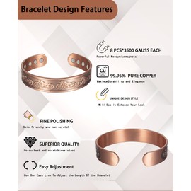 Wollet Kupfer-Magnetarmband für Damen, Kupfer-Manschetten-Armreif – mit 8 Stück 3500 Guass Magnet-Armband mit Geschenkbox (CPB-2050-FBM)