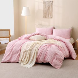 TOCOMOA Pink Gingham Duvet Cover Bedding Set 100% Washed Cotton Like Linen Feel Super Soft Comfortable 2 Piece Cute Plaid Checkered Comforter Cover Set (Twin 68"x90", Comforter Not Included)