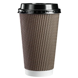 GUSTO [16 oz. - 50 Sets Insulated Brown Patterned Ripple Paper Hot Coffee Cups With Lids (Lids Color May Vary) - Ideal for Hot Beverages, Travel, and Office Use - (Formerly Comfy Package)