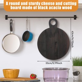 Yiyiring 1 Pcs Acacia Wood Cutting Board with Handle 16.9'' Round Charcuterie Chopping Board for Pizza Cheese Meat Decorative Black Wooden Serving Tray for Kitchen and Dining Room
