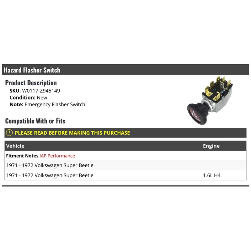 Marketplace Auto Parts Emergency Hazard Flasher Switch - Compatible with