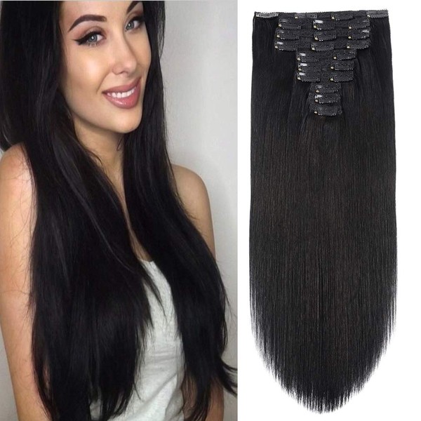 22" Clip in Human Hair Extensions Full Head 200g 10 Pieces 22 Clips 1# Jet Black Double Weft Brazilian Real Remy Hair Extensions Thick Straight Silky (22",200g Jet Black)
