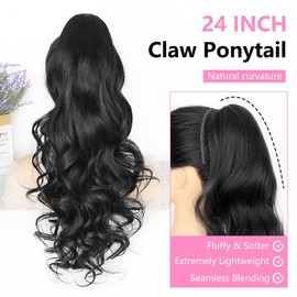 ALXNAN Ponytail Extension,Claw Clip in Long Curly Wavy Black Ponytail Hair Extension Jaw Clip on Pony Tails Hairpiece for Women