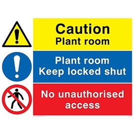 Viking Signs CV5295-A5L-1M "Caution Plant Room, Plant Room Keep Locked Shut, No Unauthorised Access" Sign, 1 mm Plastic Semi-Rigid, 200 mm H x 150 mm W