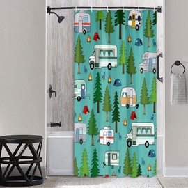 RV Shower Curtain, Camper Shower Curtains for Travel Trailer, Camping Small Narrow Shorter Fabric Shower Curtains Set, Campsite Outdoors Travel Hiking Bathroom Decor Accessories with Hooks