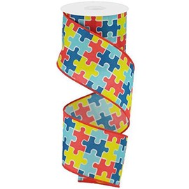 Autism Awareness Puzzle Piece Wired Ribbon | Red Yellow Blue (2.5 Inches x 10 Yards)