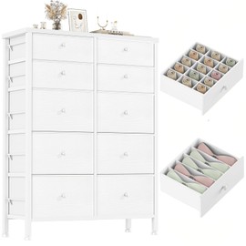 BOLUO White Dresser for Bedroom 10 Drawer, Tall Dressers & Chests of Drawers Fabric Dresser for Closet Modern