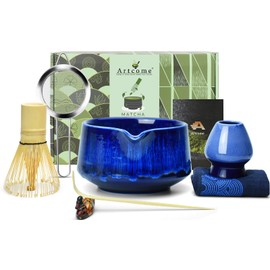 Artcome Matcha Tool Set - Complete Kit with Matcha Bowl with Spout, Bamboo Whisk, Tea Scoop, Whisk Holder, Scoop Holder, Tea Cloth & Powder Strainer, Glaze Blue
