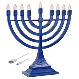 Zion Judaica Menorah de Hanukkah de LED eléctrico – Alimentado con batería o USB, Azul, Mediano, 1