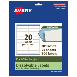 Avery Dissolvable Rectangle Labels, Sure Feed Technology, 1" x 4", Matte White, Laser/Inkjet Printable, 500 Labels Total, Freezer-Safe, Microwave-Safe, Refrigerator-Safe