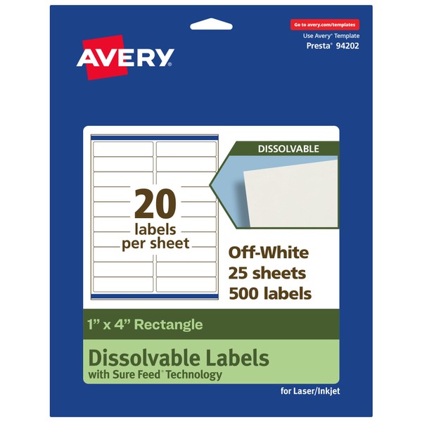 Avery Dissolvable Rectangle Labels, Sure Feed Technology, 1" x 4",