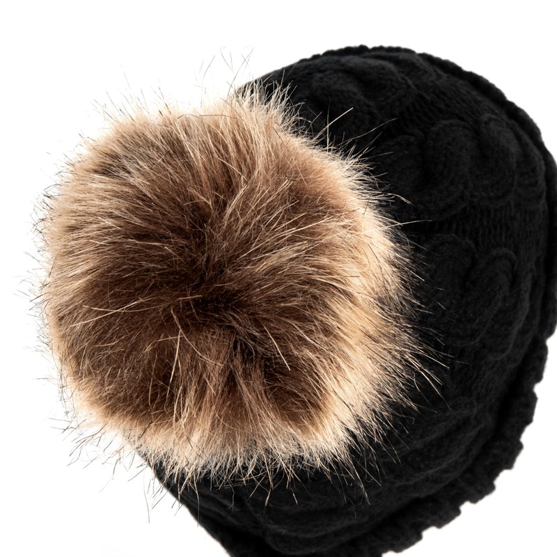 HEYO Ladies Knitted Winter Hat with Large Faux Fur Bobble