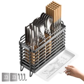 SciFiVisi Cutlery Holder, Kitchen Utensil Holder, Cutlery Basket, Wall-Mounted Traceless Sticker, Carbon Steel Cutlery Draining Container for Cutlery and Kitchen Utensils (Black)