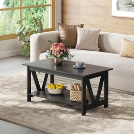 WLIVE Coffee Table with Storage Shelf, 39.4" Farmhouse Coffee Table with V-Frame Support, 2-Tier Wood Rustic Center Table for Living Room, Bedroom & Balcony, Black