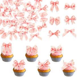 Ephlyn 54Pcs Pink Bow Party Decorations Cupcake Toppers Edible Cute Bow Decorations for Party Cupcake Picks Decor Coquette Bow Themed Party Supplies for Girls Women