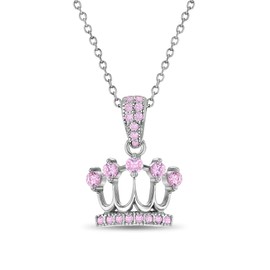925 Sterling Silver 16" Pink Cubic Zirconia Little Crown Pendant Necklace for Young Girls & Pre-Teens - Fashionable Princess CZ Tiara Pendant with Link Chain Necklace