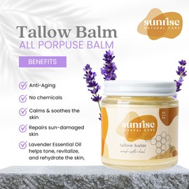 Sunrise Natural Care Honey and Tallow Balm - Body and Face Moisturizer - 100% Grass Fed Beef Tallow - 4 Ounces - Lavender