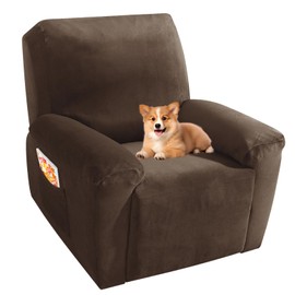 MAXIJIN Velvet 4 Piece Recliner Cover Stretch Plush Soft Recliner Chair Covers Thick Soft Reclining Chair Slipcovers Furniture Protector with Side Pocket for Kids, Pets (Recliner,Dark Coffee)