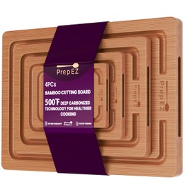 Heavy Duty Bamboo Cutting Boards for Kitchen 4 Piece Wooden Cutting Board Set with Deep Juice Grooves | Durable Carbonized Meat Cutting Board for Chopping Vegetables Poultry and Meal Prep