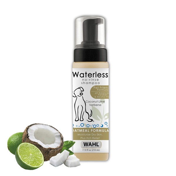 Wahl USA Pet Friendly Waterless No Rinse Shampoo for Animals – Oatmeal & Coconut Lime Verbena for Cleaning, Conditioning, Detangling & Moisturizing Dogs, Cats & Horses – 7.1 Oz - Model 820015A