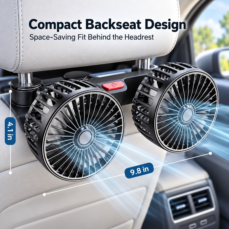 Dual Head Car Fan for Rear Seat Cooling – 3-Speed