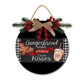 Gingerbread Wishes Sign Front for Door Decoration, 12 in Round Wood Wreaths Wall Hanging Outdoor, Farmhouse, Porch, for Spring Summer Fall All Seasons Holiday Christmas